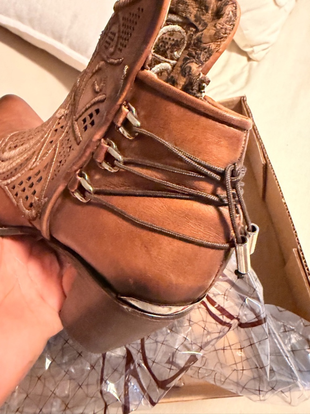 Tan Leather Laser-Cut Ankle Booties with Buckle Detail - Picture 8 of 8